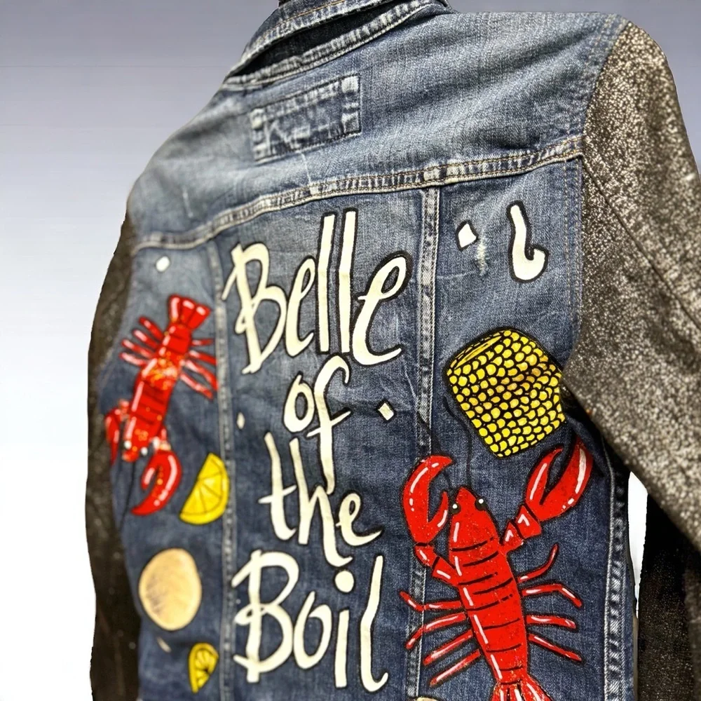 Get Ready to Boil in Style: Hand-Painted Jean Jacket 'Belle of the Boil'! Size S - Picture 12 of 16